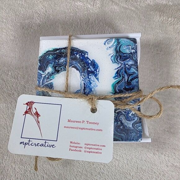 Original Pour Paint Set 4 Ceramic Coasters Hand Poured Wave Painting Blue White - Picture 3 of 7